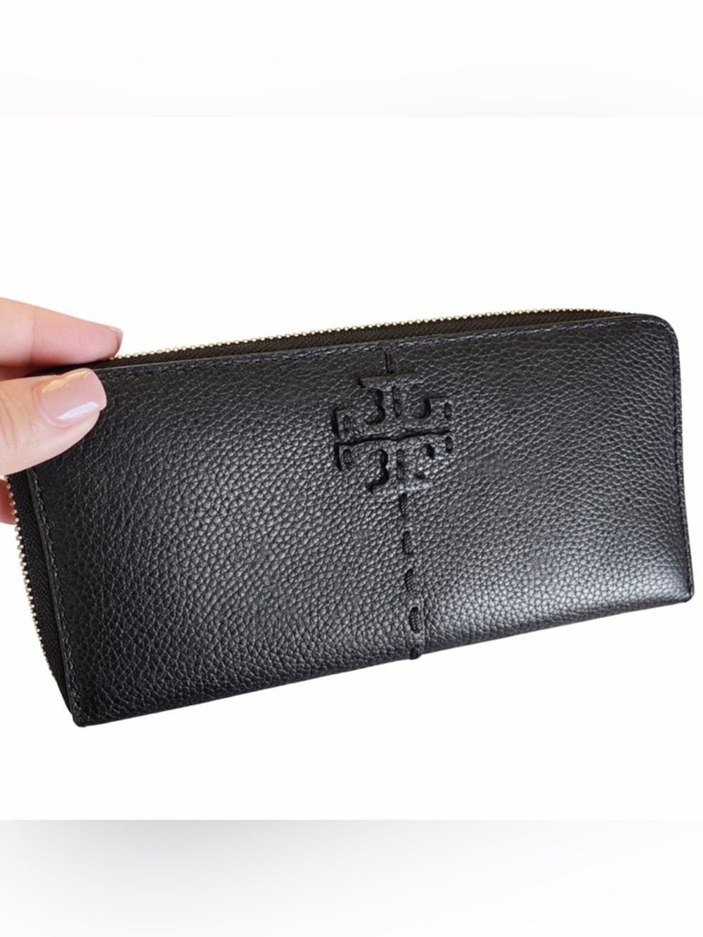 TORY BURCH McGraw Black Wallet Pebble Leather Zip Continental, NWT